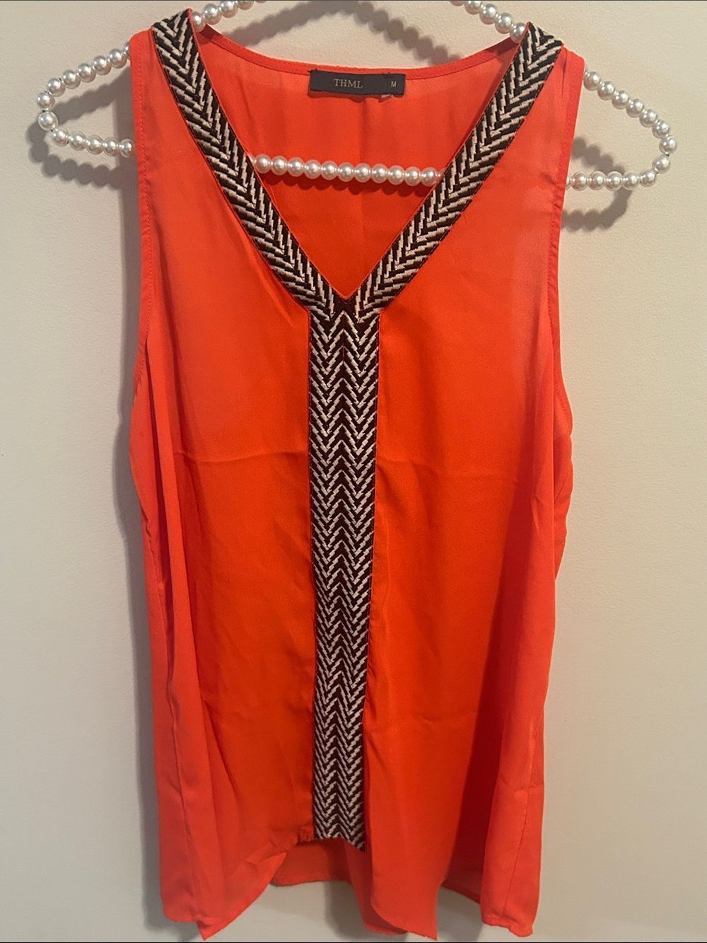 THML Orange Chevron Embroidered Sleeveless V-Neck Blouse Top Size M
